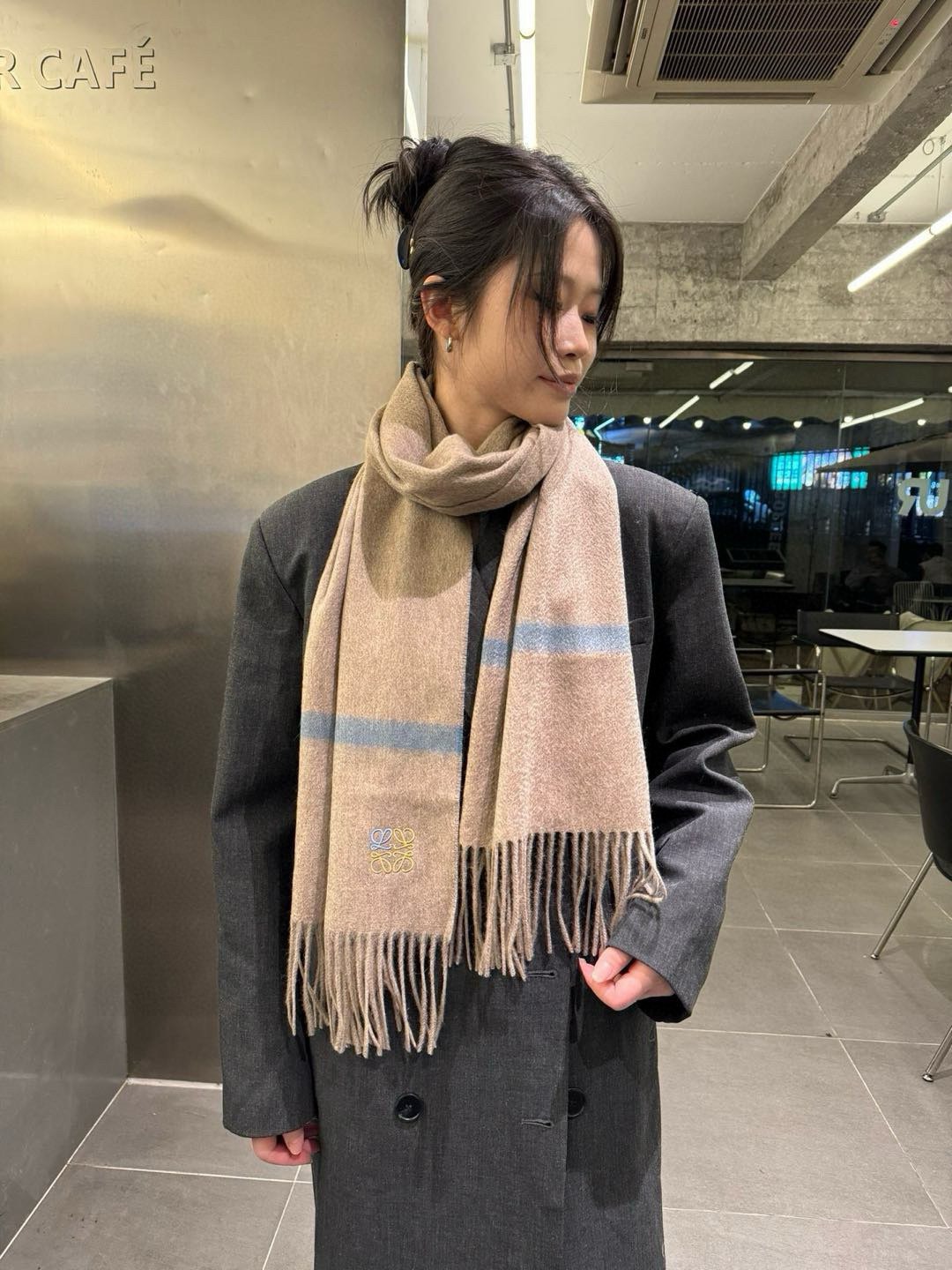 Loewe Mohair Scarf Stripe Beige Blue For Women 180cm