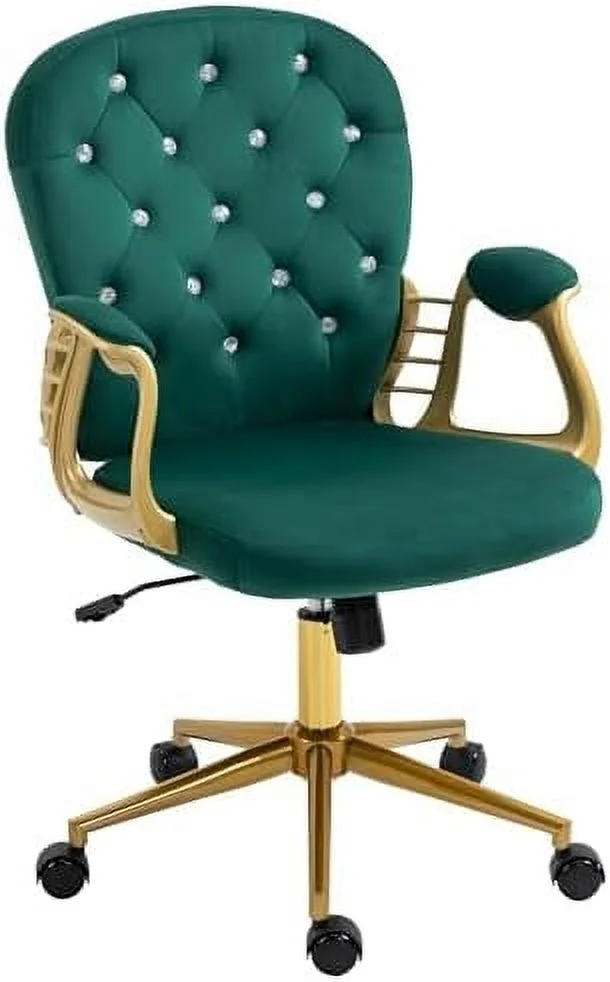 KHBIULIFE Velvet Office Chair with Wheels  Button Tufted Desk Chair with Gold Base  Cute Armchair Roller Chair Rolly Chair Vanity Chair with Back for Teen Girls Women  Tilt  Pink