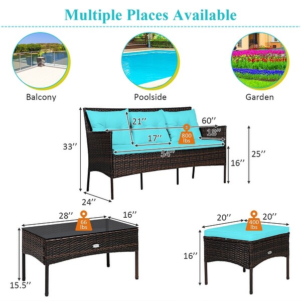 Costway 3PCS Patio Rattan Furniture Set 3Seat Sofa Cushioned Table