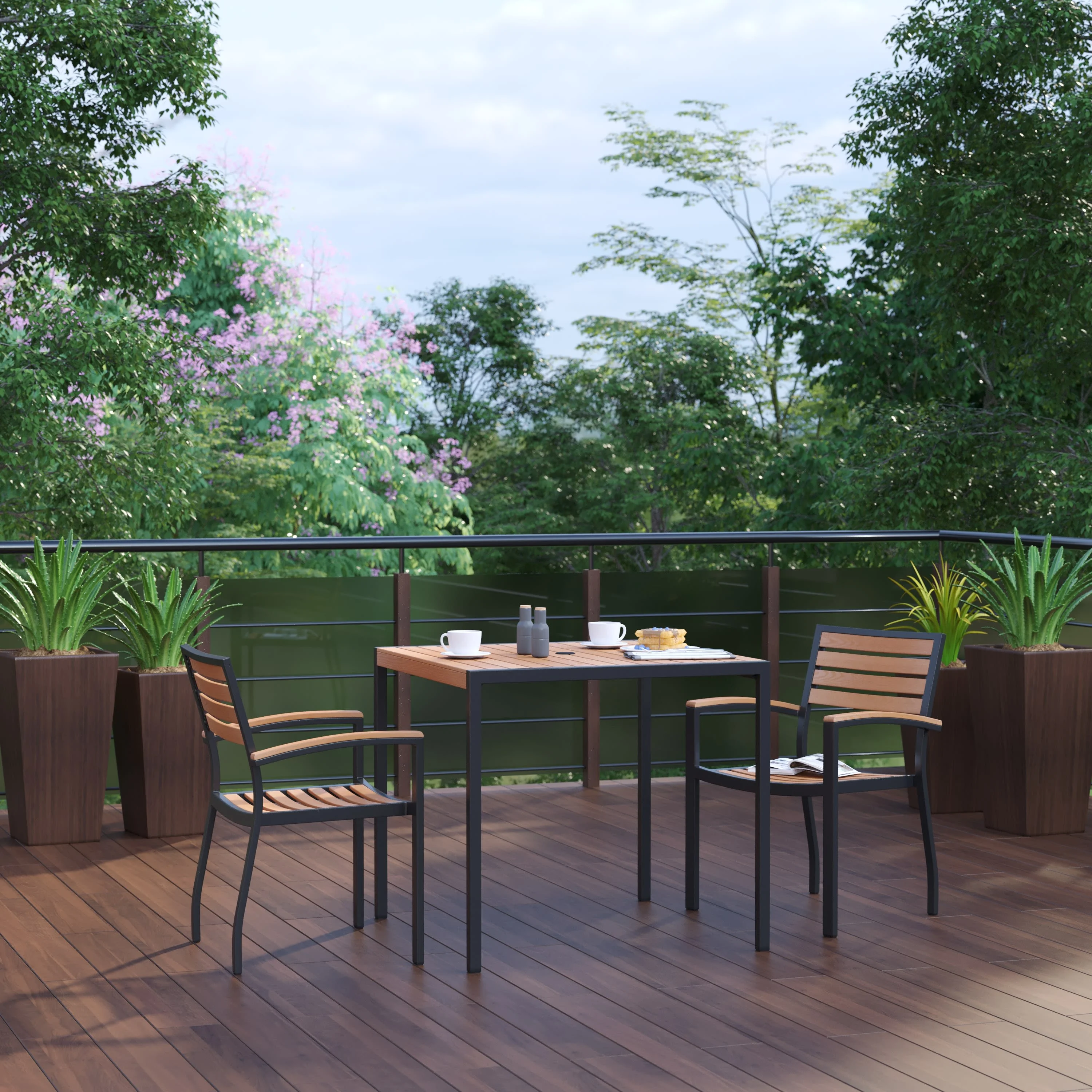 Flash Furniture Lark Series 3-Piece Metal/Aluminum Teak Patio Table and Chair Set, Teak