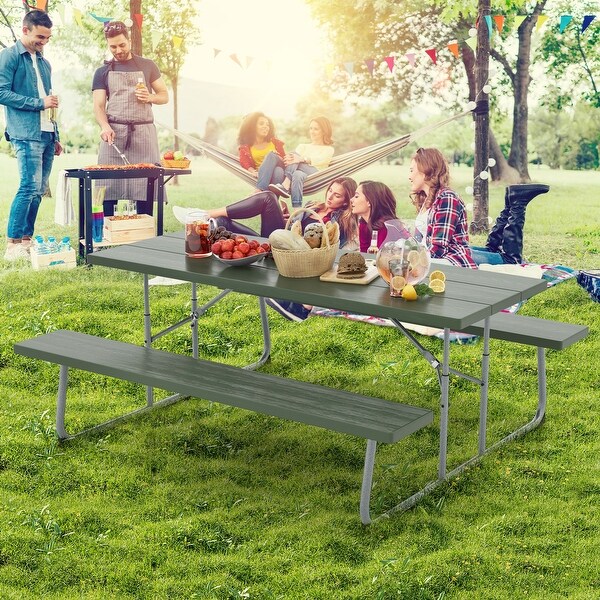 Folding Picnic Table Set with Metal Frame and AllWeather HDPE Tabletop,Umbrella Hole