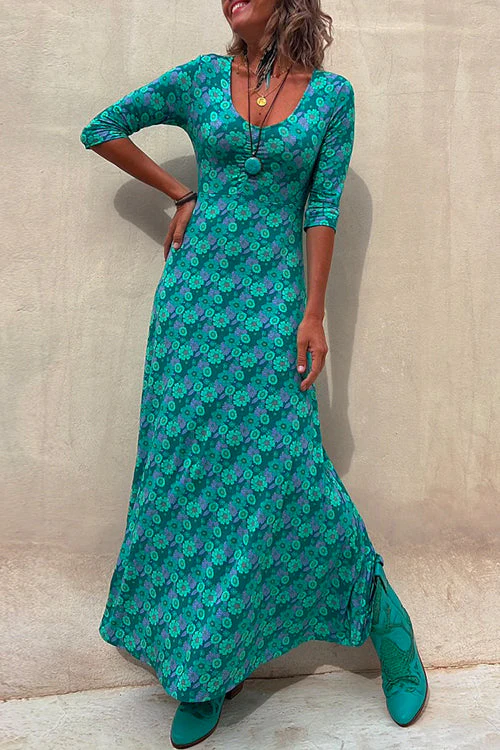 Floral Maxi Dress 3/4 Sleeve V-Neck A-Line KnitClistos
