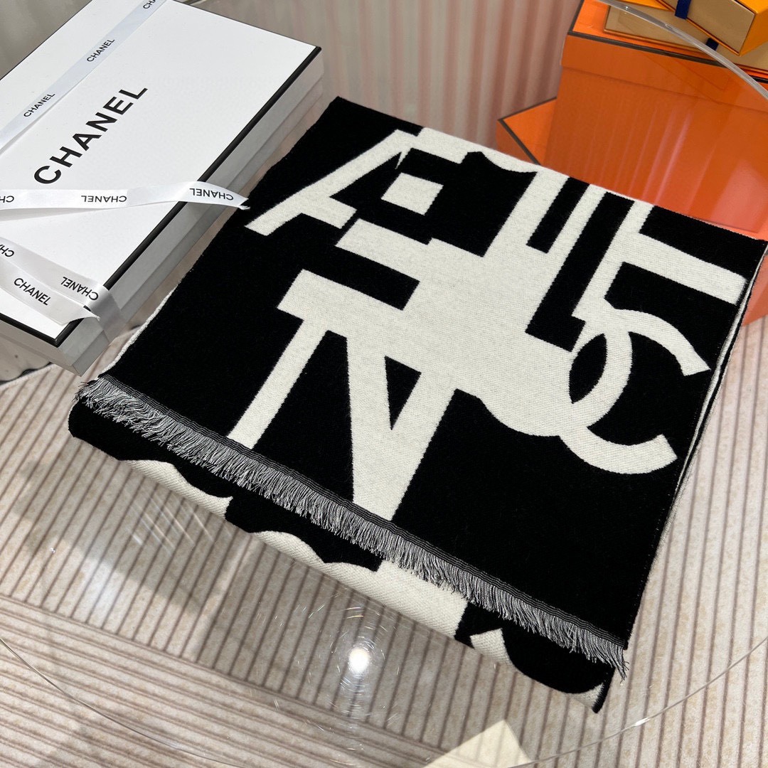 Chanel Cashmere Scarf Graphic Black For Women 190cm