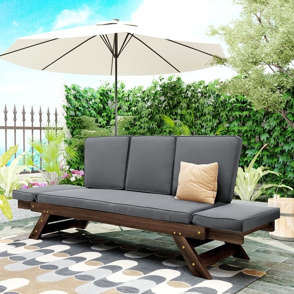 Outdoor Accent Chair Daybed Chaise Lounge w/ Wooden Frame and Cushions