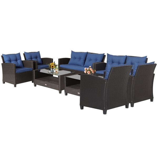 Costway 8 PCS Patio Rattan Furniture Set Glass Table Shelf Sofa