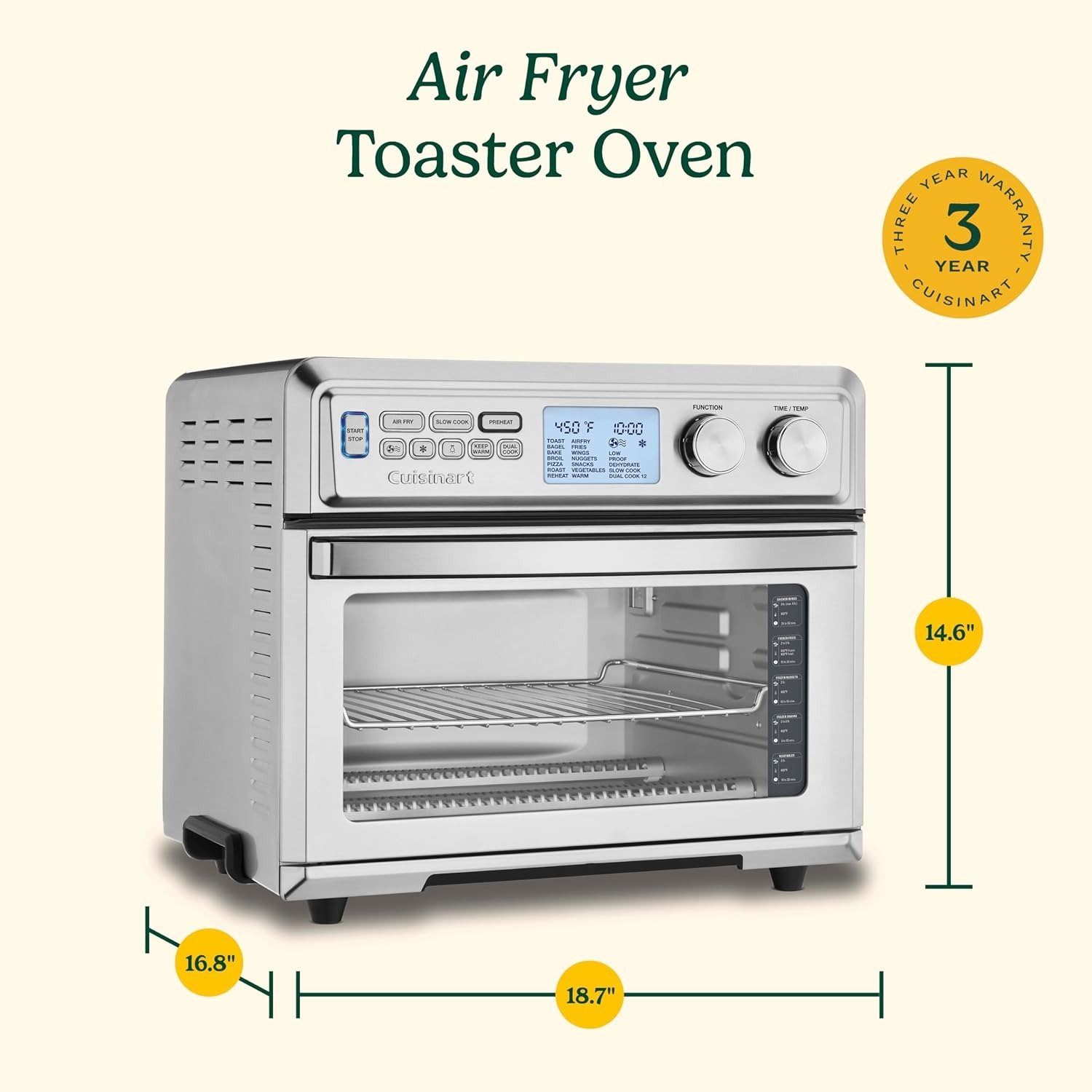Air Fryer Toaster Oven with Extra-Large Capacity, 1800W Stainless Steel Oven with Digital Display, Bake, Broil, Roast & Air Fry Options, Adjustable Temperature