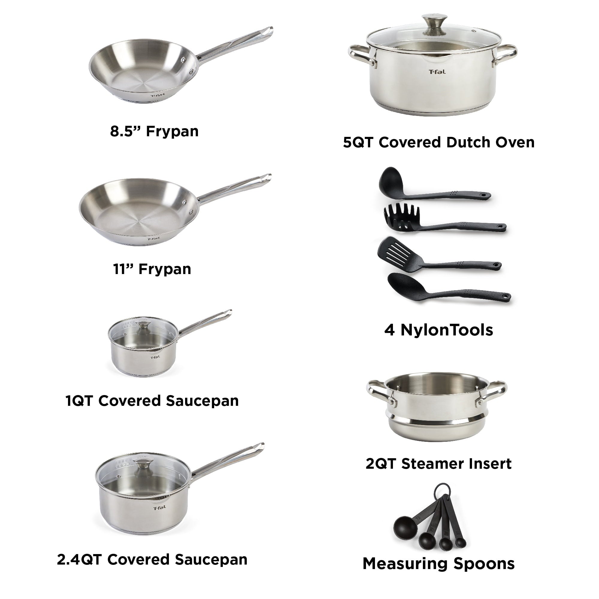 T-fal Cook and Strain Stainless Steel Cookware Set, 14 Piece Set, Dishwasher Safe