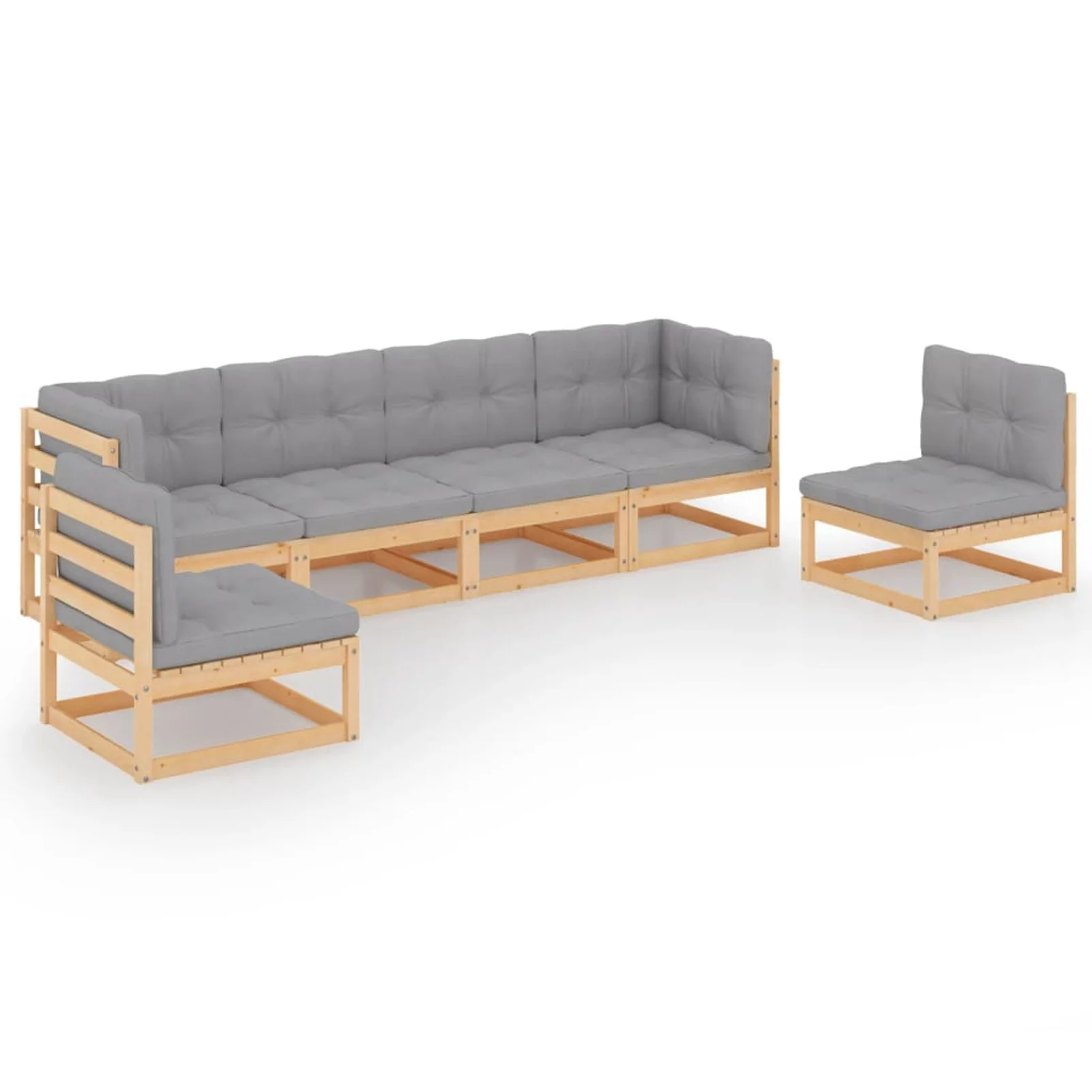 Dcenta 6 Piece Wooden Patio Lounge Set with Gray Cushion 2 Corner Sofa and 4 Middle Sofas Pinewood Sectional Furniture Set for Patio, Backyard, Patio, Balcony, Outdoor