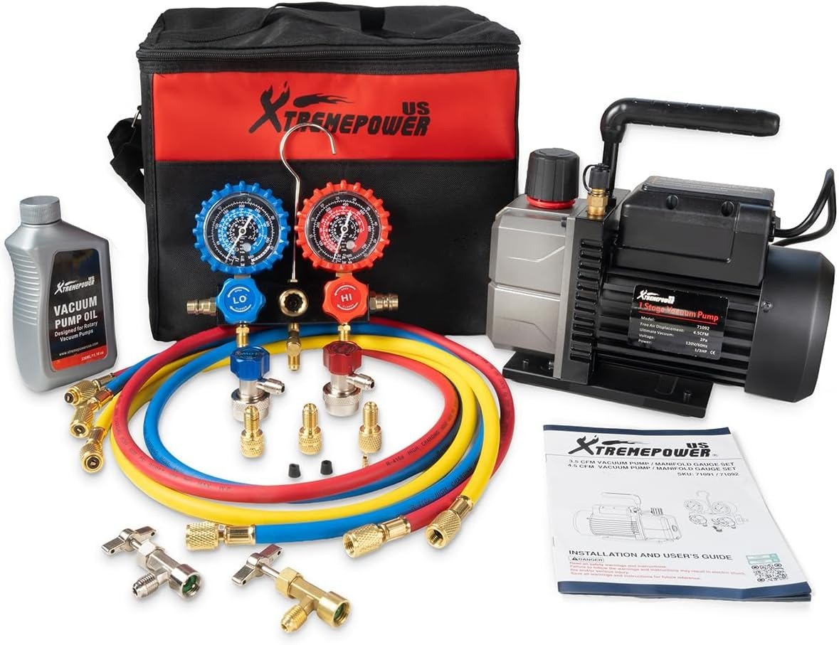 Vacuum Pump R134a R22 R32 R410A A/C Refrigeration with Manifold Gauge Can Tap Set Carrying Bag (Gen2, 4.5 CFM)