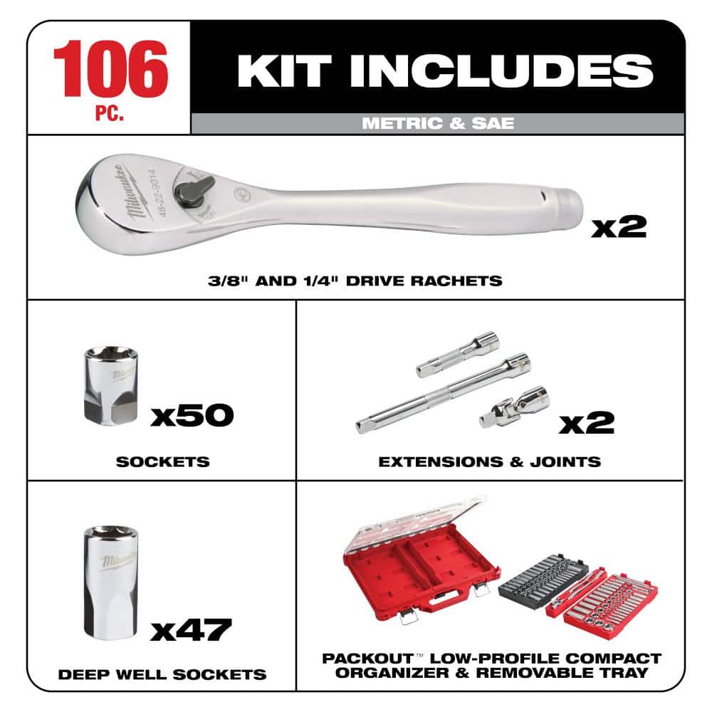 Milwaukee 3/8 in. and 1/4 in. Drive SAE/Metric Ratchet and Socket Mechanics Tool Set with PACKOUT Case (106-Piece) 48-22-9486