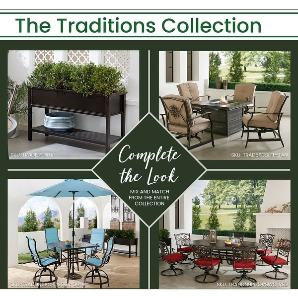 Hanover Traditions 5Piece HighDining Set in Blue with 4 Padded CounterHeight Swivel Chairs and 40,000 BTU Fire Pit Table