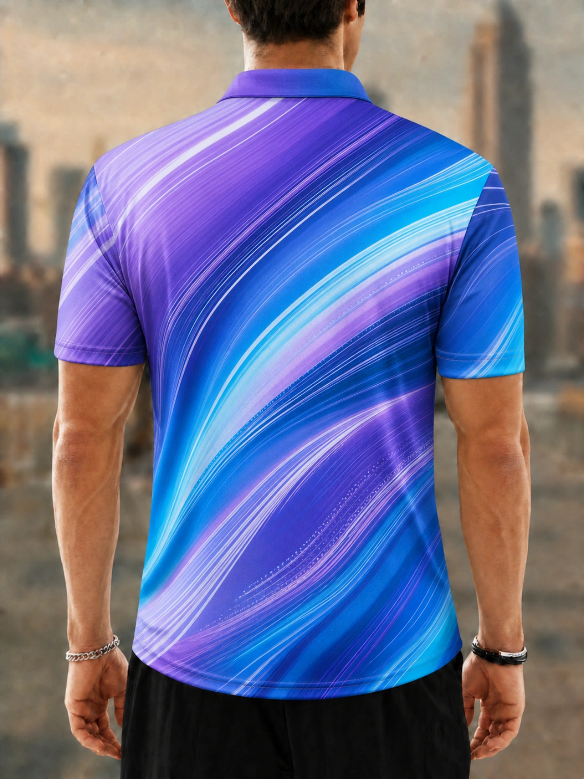 Moisture Wicking Golf Polo 3D Purple Blue Swirl Light Streak Button Short Sleeve Golf Polo Shirt