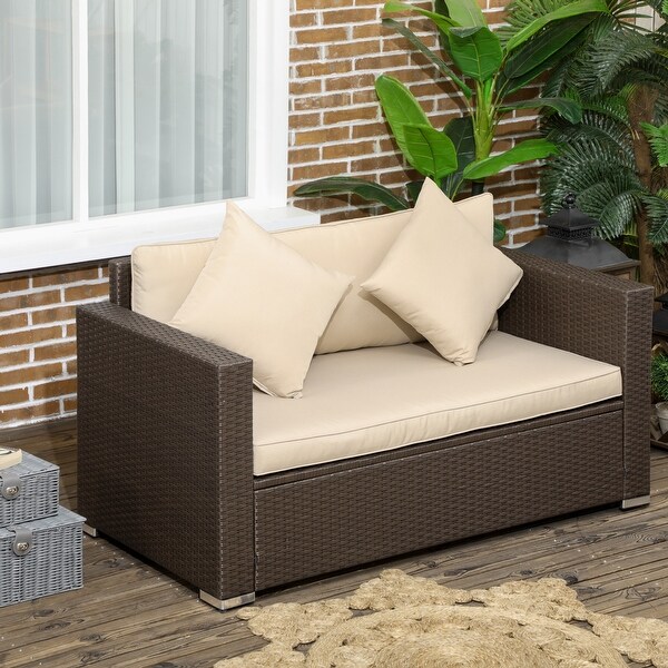 Outsunny Outdoor Wicker Loveseat,Patio Furniture Couch with Cushions,2 Seats PE Rattan Sofa,2 Throw Pillows