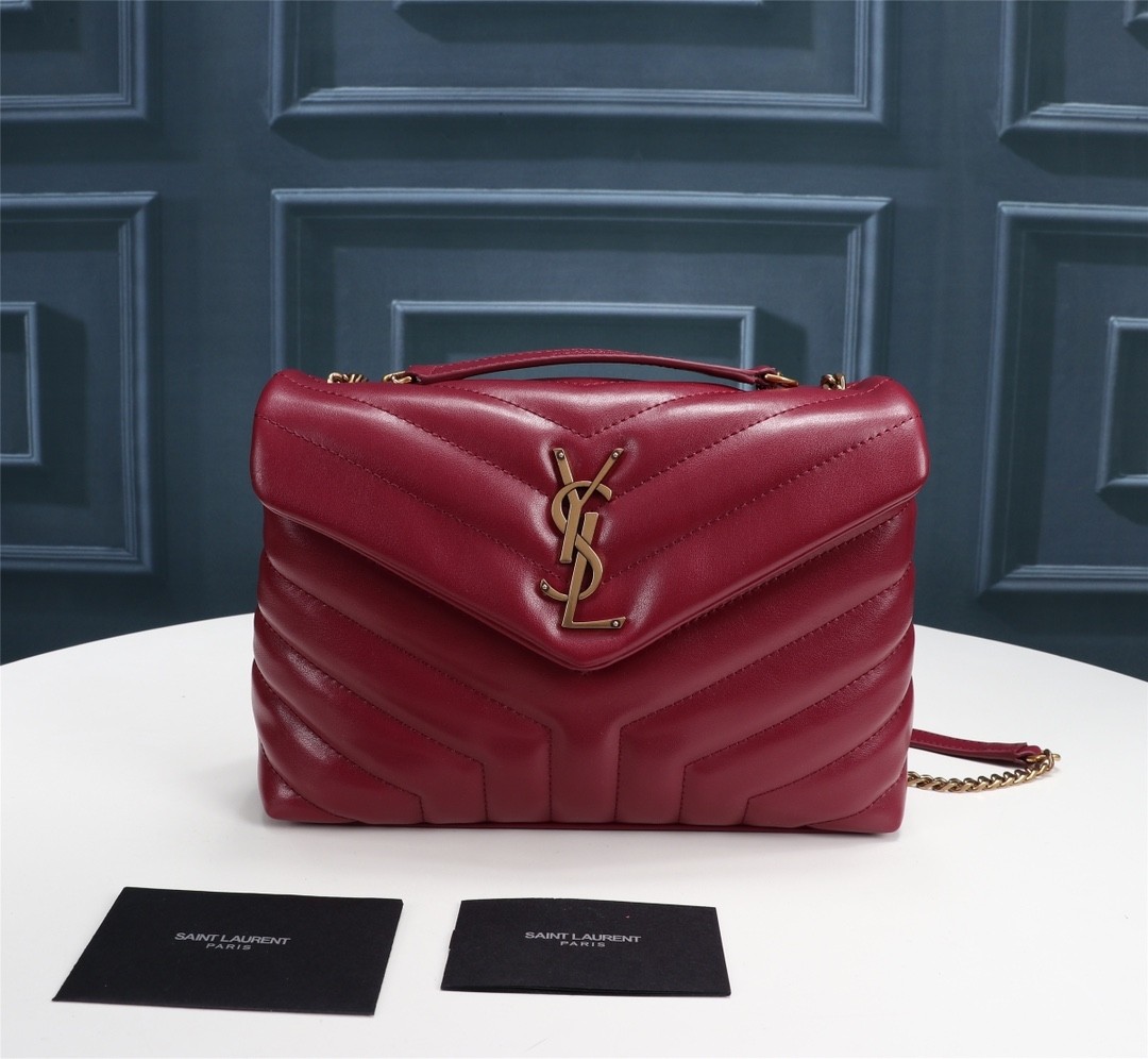 Top Quality YSL Saint Laurent  Calfskin Y Quilted Monogram Small Loulou Chain Satchel Red - cnluxepick