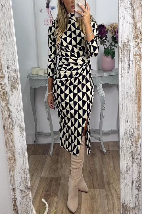 Geometric Ruched Midi Dress with SlitClistos
