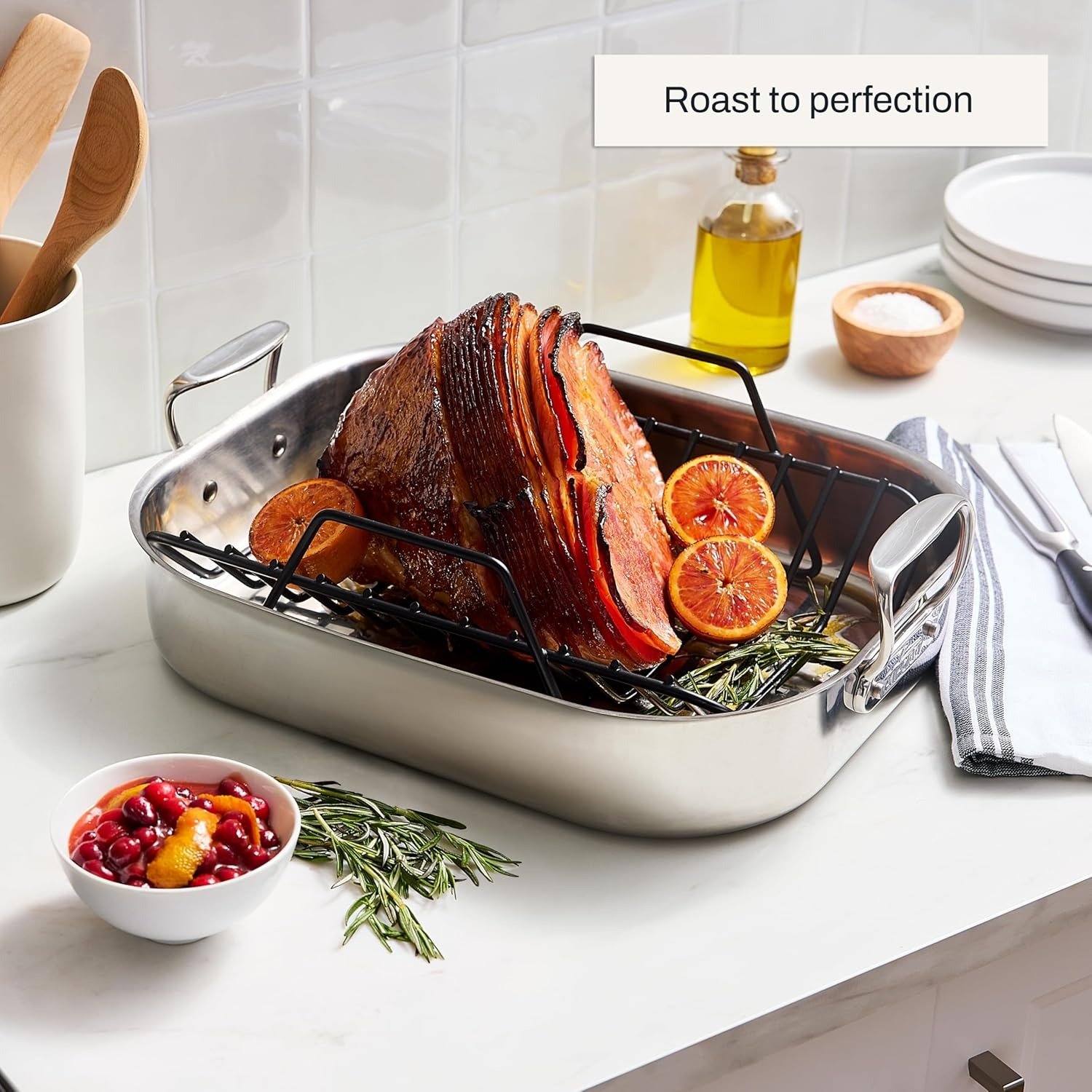 Specialty Stainless Steel Roaster and Nonstick Rack 16x13x5 Inch Oven Broiler Safe 600F Roaster Pan, Pots and Pans, Bakeware, Turkey, Silver