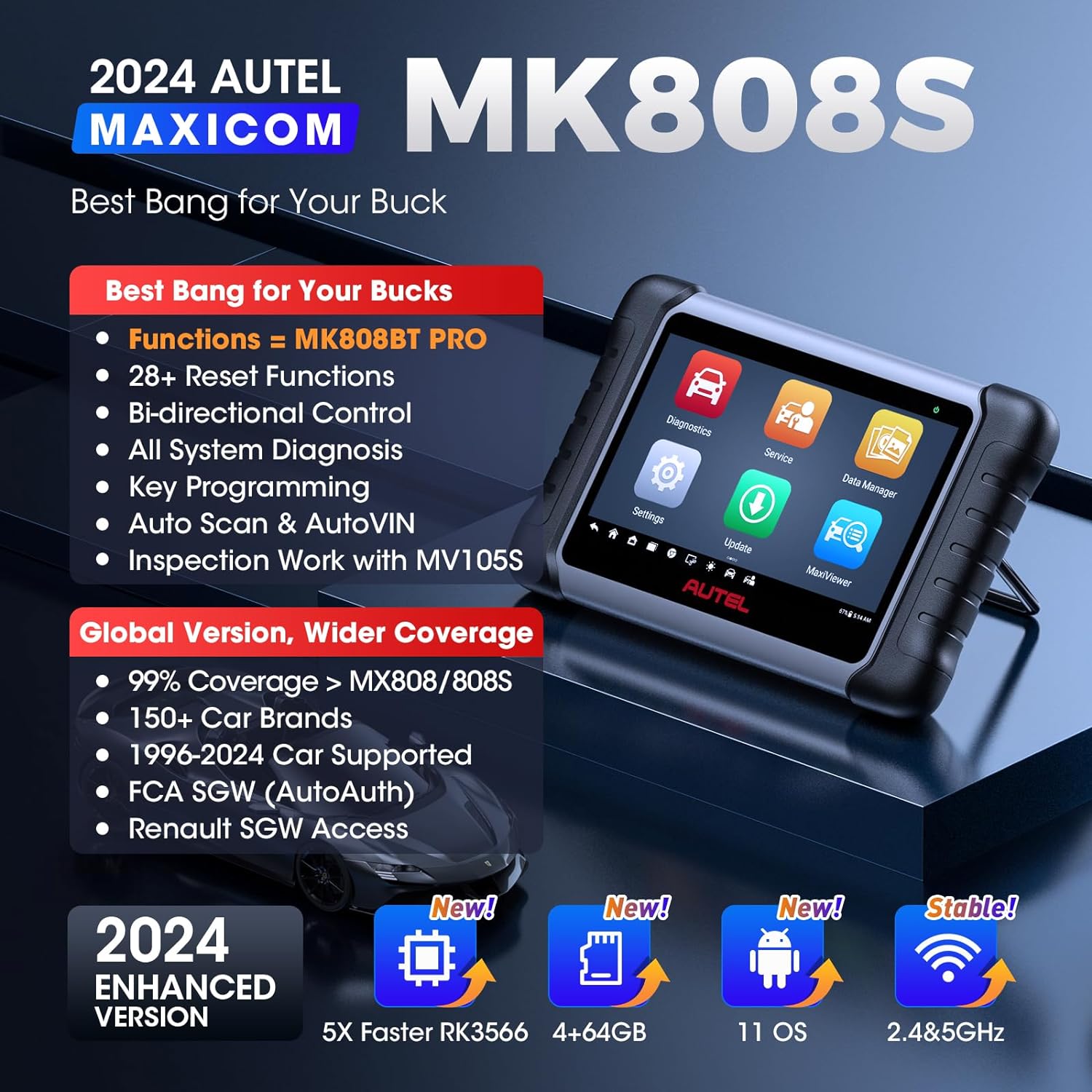 2026 2024 Bidirectional Tool as MK808BT Pro MX808S M808Z, Function as MaxiCheck MX900, 28+ Service, Active Test, All System Diagnose, Injector Coding, FCA Autoauth Android 11
