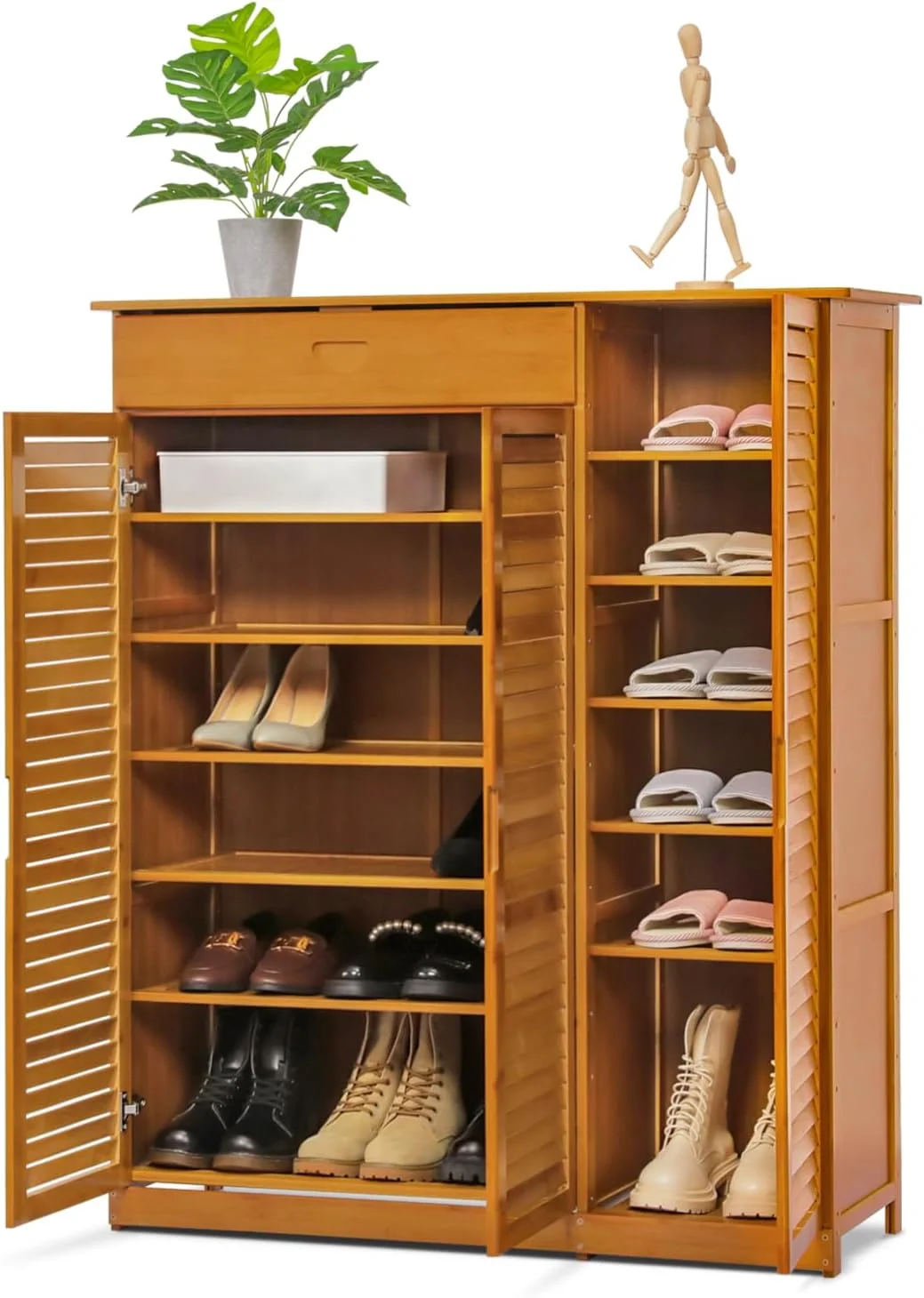 Bamboo Multi-Tier Shoe Storage Cabinet With Drawer & Shutter Door For Narrow Closet, Hallway, Living Room - Entryway Freestanding Shoe Cabinet Organizer Storage Rack Organizer Rack (Brown)