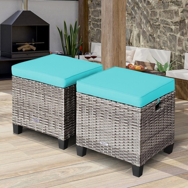 Costway 2PCS Patio Rattan Cushioned Ottoman Seat Foot Rest Table
