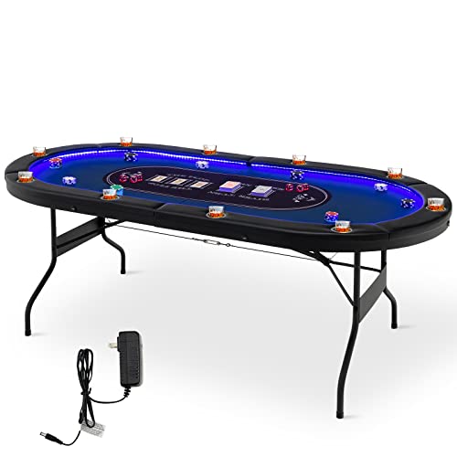 Giantex 10 Players Poker Table with Cup Holder, Folding Casino Leisure Table with 4 USB Ports, Extra Lights, Easy to Assemble, Foldable Game Poker Tables for Texas, Card Games, Blue