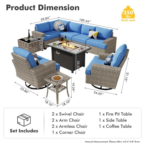 OVIOS 10 Pieces T shaped Seat Wide Armrest Swivel Chair Set With SolarPowered TableandFire Pit