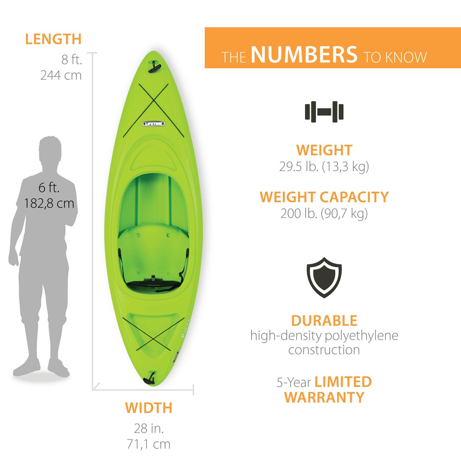 Lifetime Pacer 8 ft Sit-In Kayak (Paddle Included)， Green