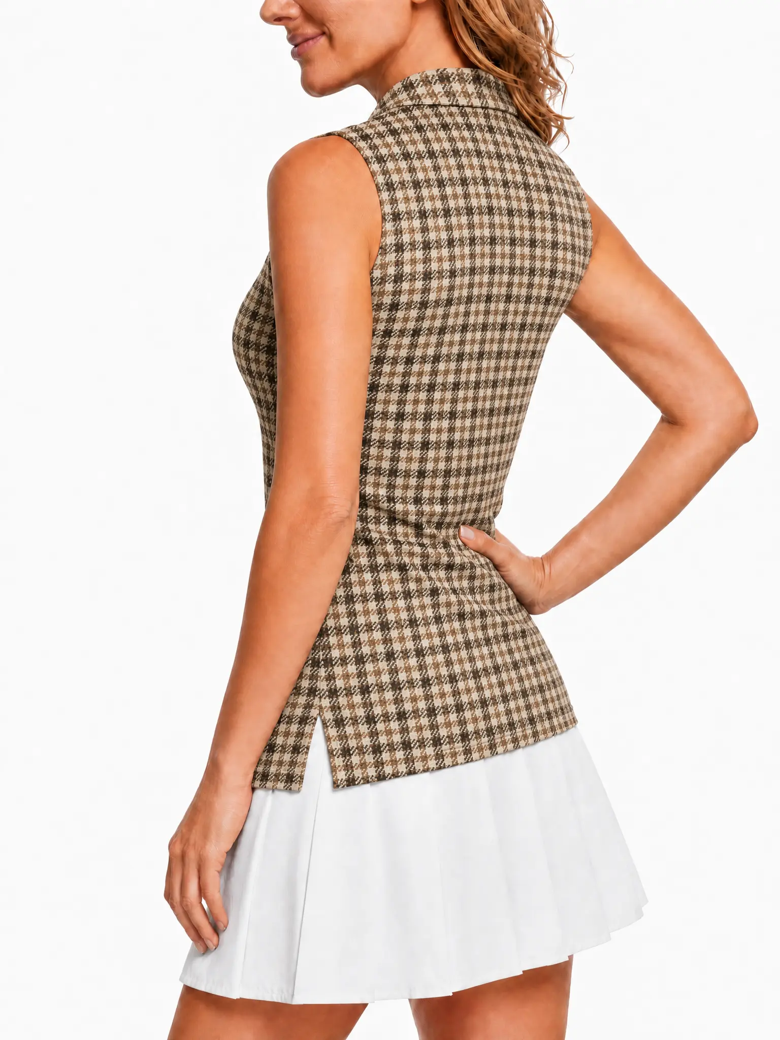Women Sleeveless Quick Dry Golf Polo Shirt, Retro Brown Houndstooth Plaid Print