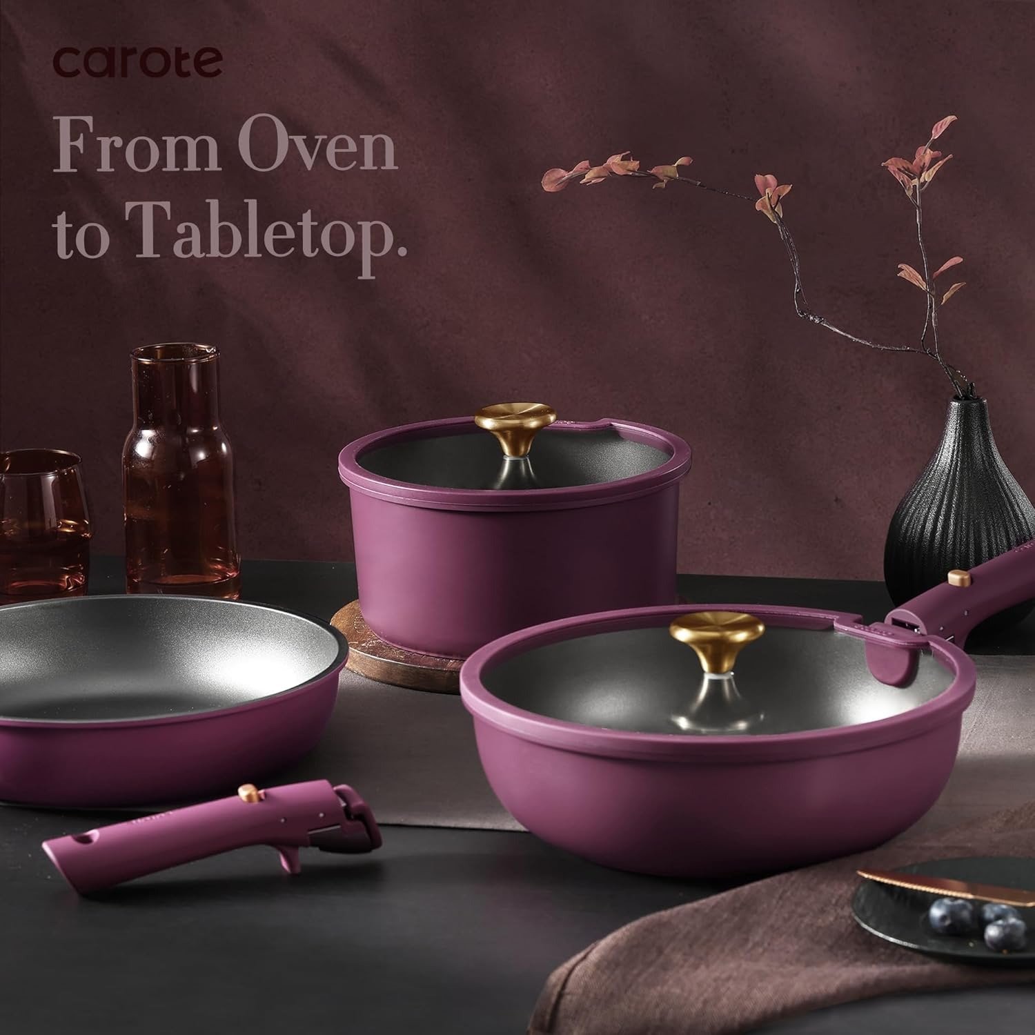 21-Piece Nonstick Cookware Set Detachable Handle Induction Compatible Gold Ultra Violet