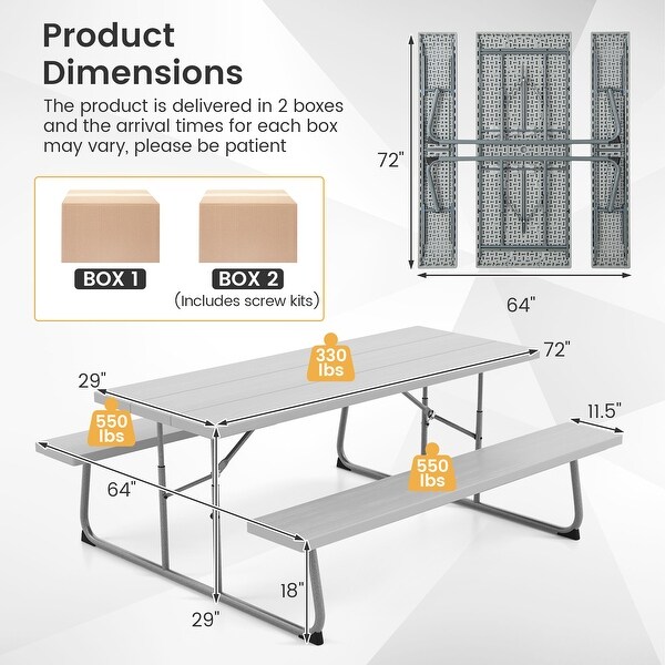 Folding Picnic Table Set with Metal Frame and AllWeather HDPE Tabletop,Umbrella Hole