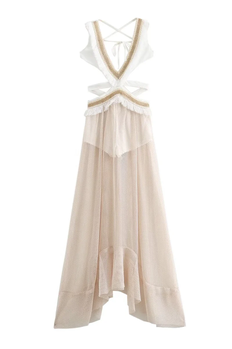 Cut-Out Fringe Maxi Dress | Plunging V-Neck Resort WearClistos