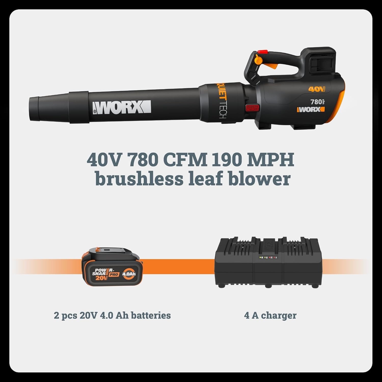 Cordless Leaf Blower, Electric Blower with 780 CFM & 190 MPH, Brushless Lawn Blower with Gas-Like Power & 57 dB, 2 × 4.0 Ah Batteries & Charger Included