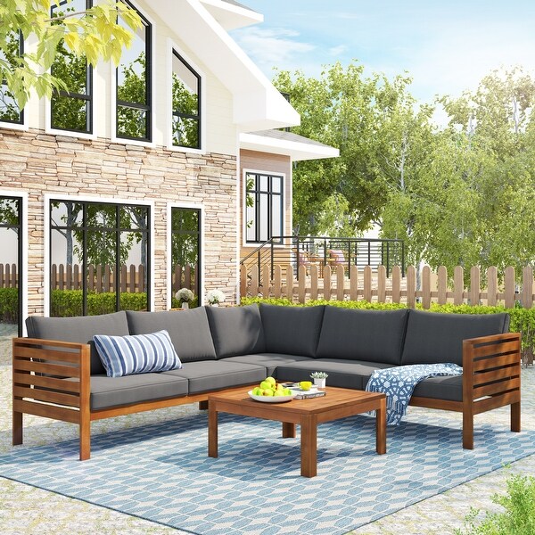 Roomfitters GO Wood Structure Outdoor Sofa Set with gray Cushions Exotic design Waterresistant and UV Protected texture