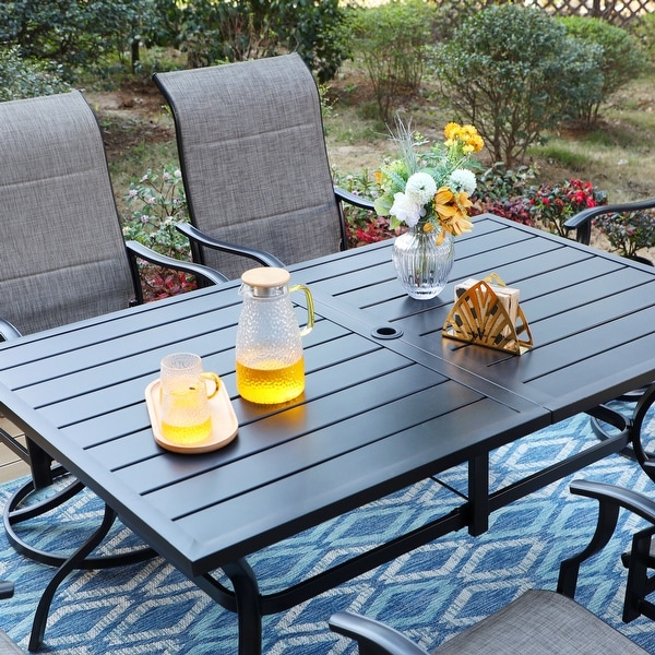 MAISON ARTS 7/8 Pieces Patio Dining Set,Rectangular Black Metal Table with 6 Padded Textilene Fabric Swivel Chairs