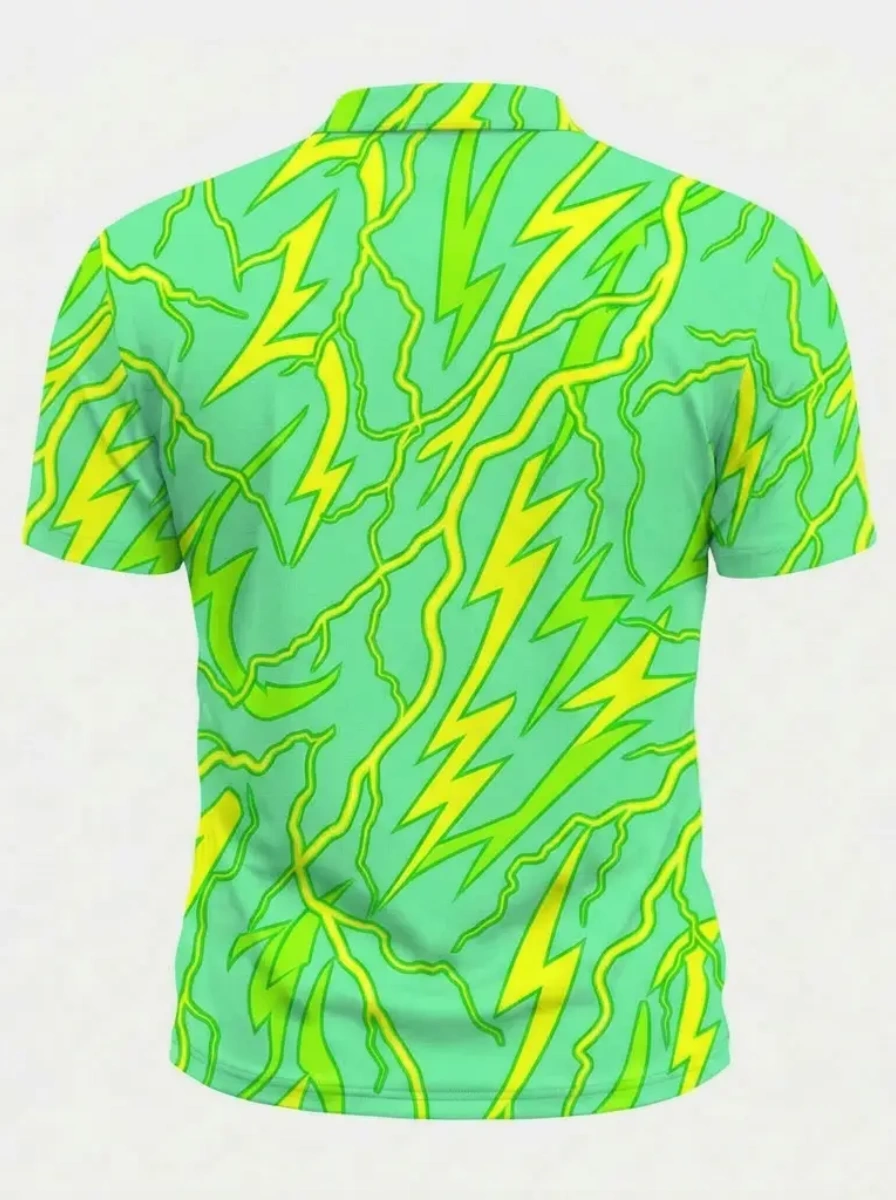 Moisture Wicking Golf Polo 3D Green Yellow Lightning Print Button Short Sleeve Golf Polo Shirt