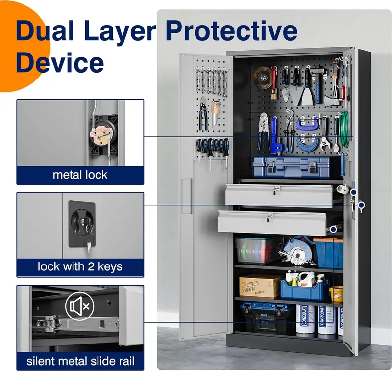 Yizosh Heavy-Duty Locking Steel Storage Cabinet – 71-Inch Tool Cabinet with Pegboard & Drawers