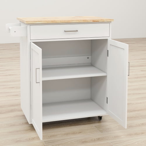 Kitchen Island on Wheels White Rolling Trolley Cart with Rubber Solid Wood Countertop One Drawer and 2 Doors Towel Rack Kitchen Island Cart, 32.68