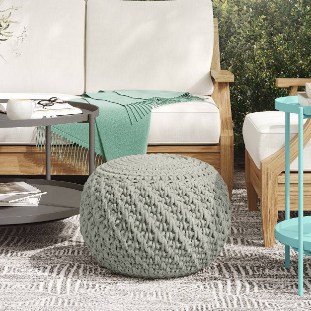 Cora Round Knitted Pet Polyester Pouf Light Gray Wyndenhall