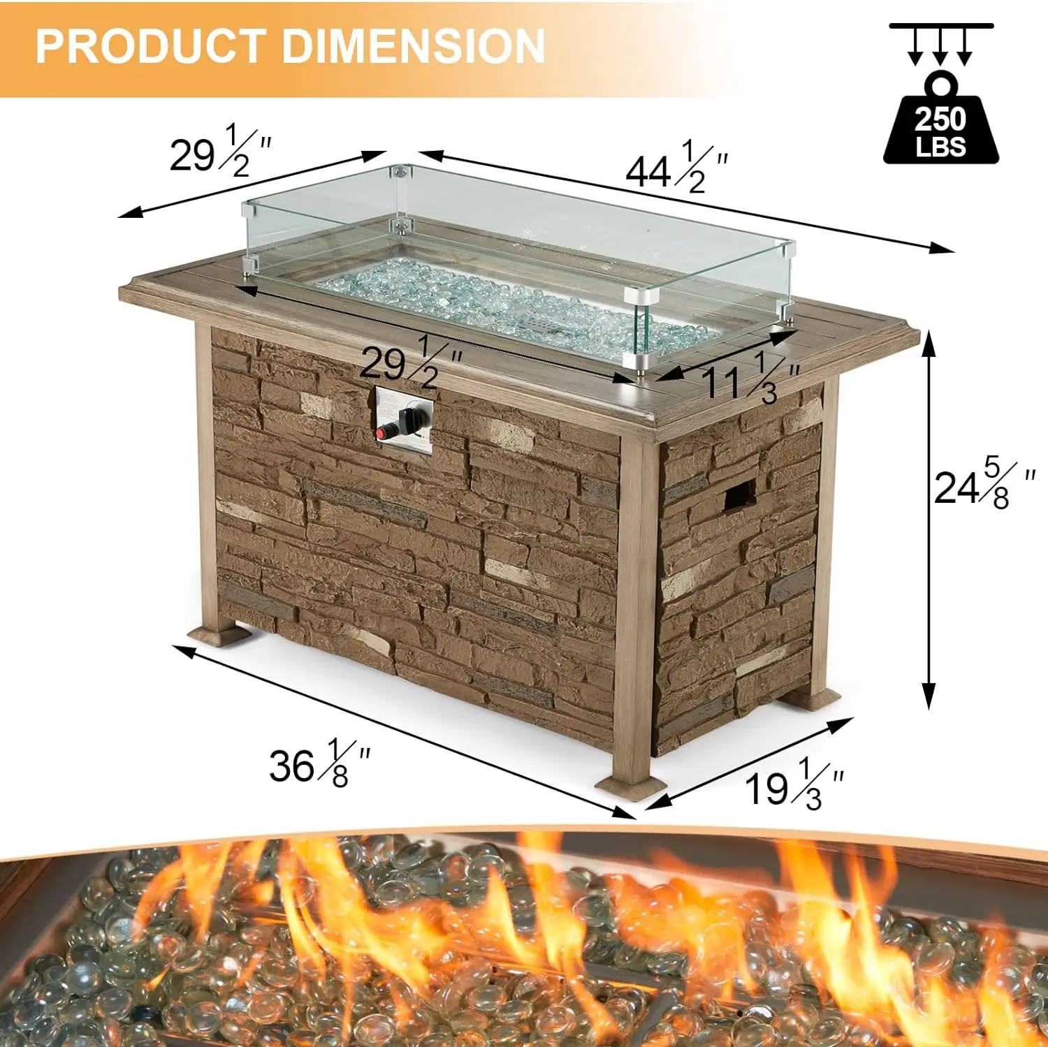 44 Inch Aluminum Propane Fire Pit Table w/Faux Ledgestone, Hand-Painted Table Top, 50,000BTU Fire Table w/CSA Certification,Wind