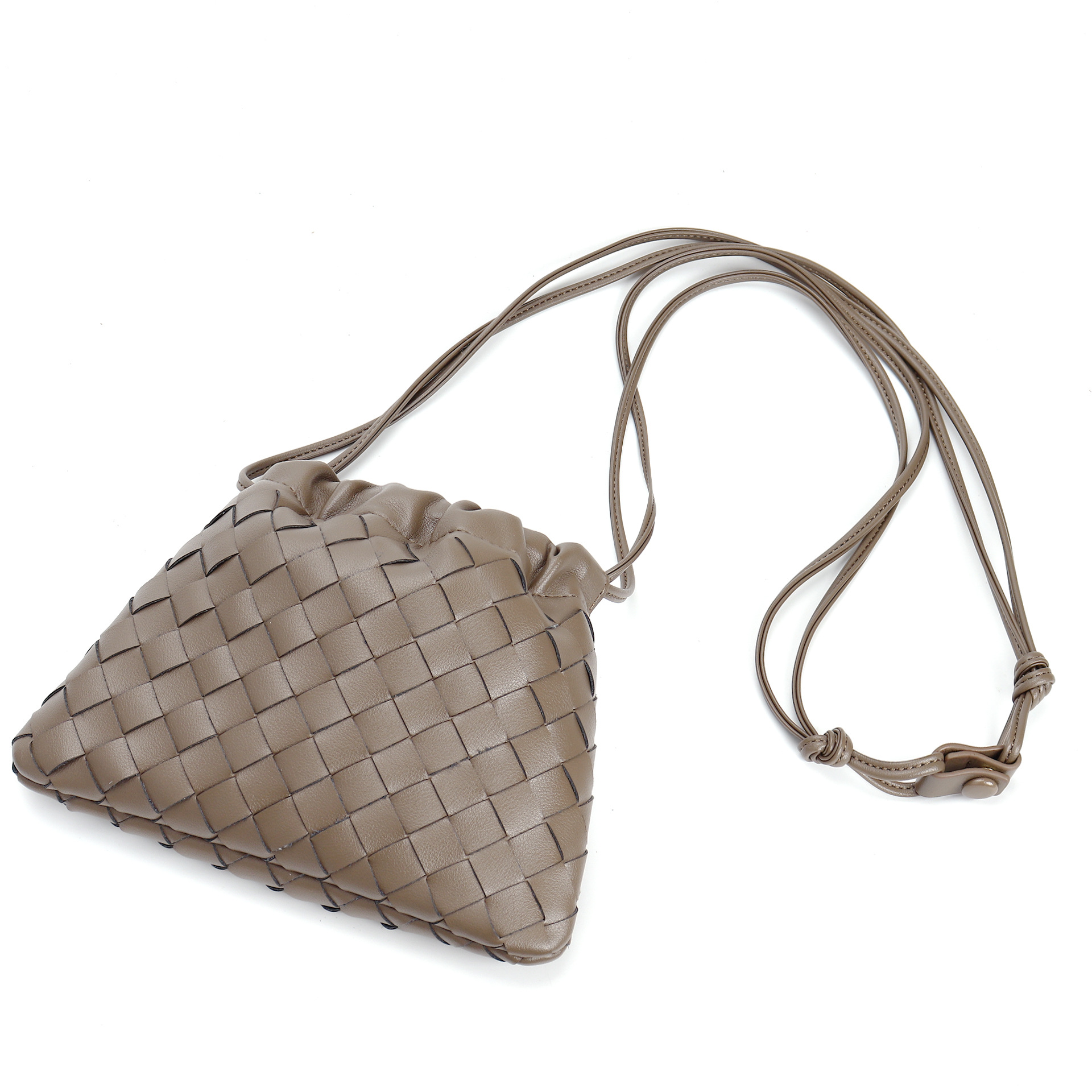 Taupe Woven Leather Drawstring Crossbody Pouch