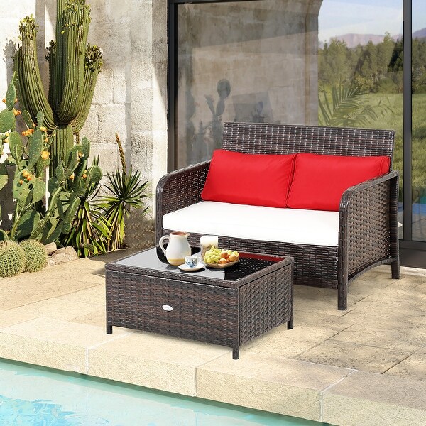 Costway 2PCS Patio Rattan Wicker Loveseat Coffee Table Set Cushioned