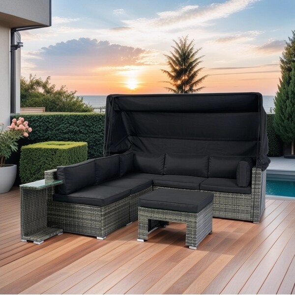 7Piece Patio Furniture Set,Retractable Canopy Rattan Sofa Set