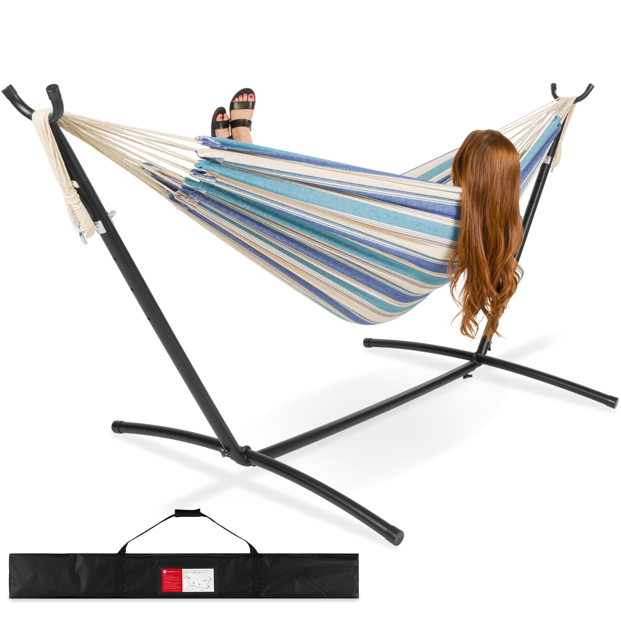 2026 2-Person Brazilian-Style Double Hammock w/ Carrying Bag and Steel Stand