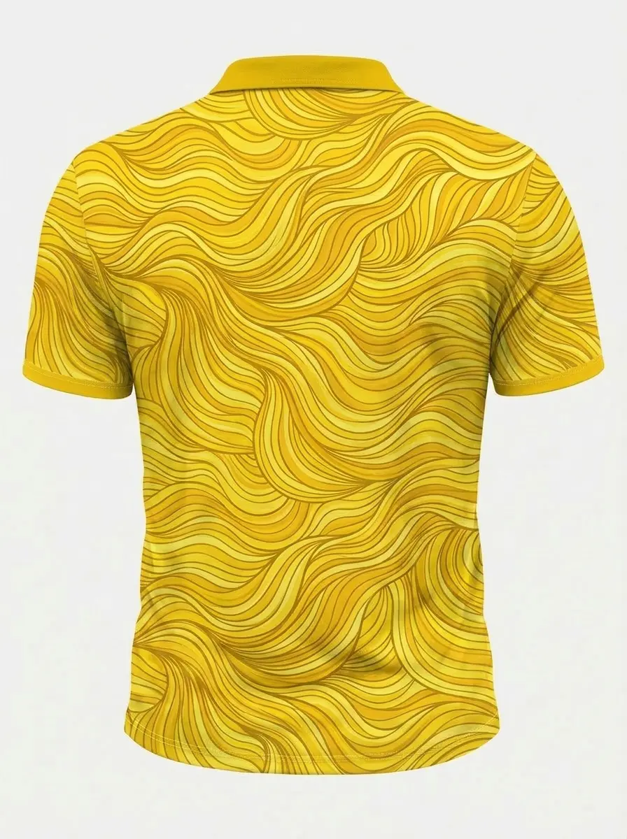 Moisture Wicking Golf Polo 3D Yellow Wavy Stripe Button Short Sleeve Golf Polo Shirt