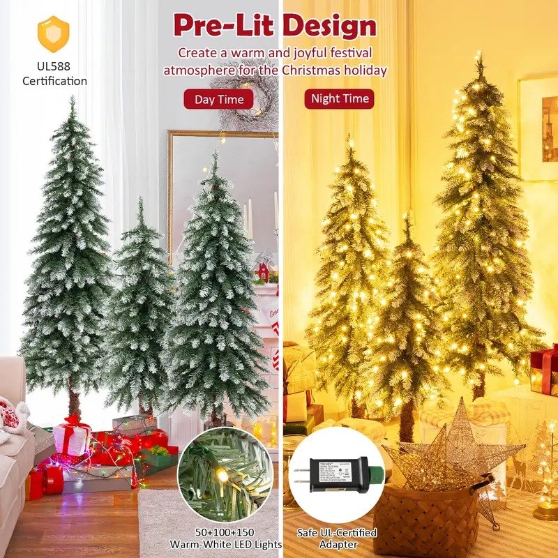 Slim Pre-Lit Pencil Christmas Tree Set – Available in 3′, 4′, and 5′ Heights with Snow-Flecked Foliage