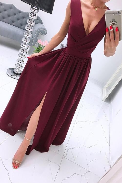 Deep V Slit Ruched Waist Maxi DressClistos