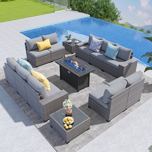 13Piece 10 Person Patio Free Combination Wicker Conversation Set With Waterproof Cushions and Firepit Table