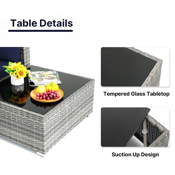Grey 8Piece Wicker Patio Furniture Set Navy Blue Cushions with Black 45�� 50000 BTU Propane Fire Pit Table