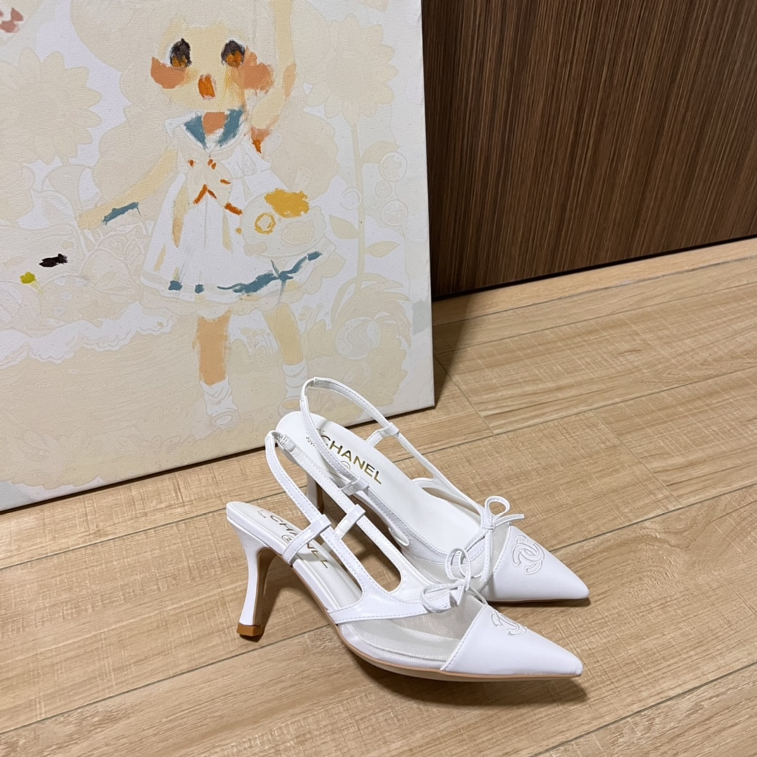 Chanel Cc Leather Pointy Toe Pumps Slingbacks Sandals White