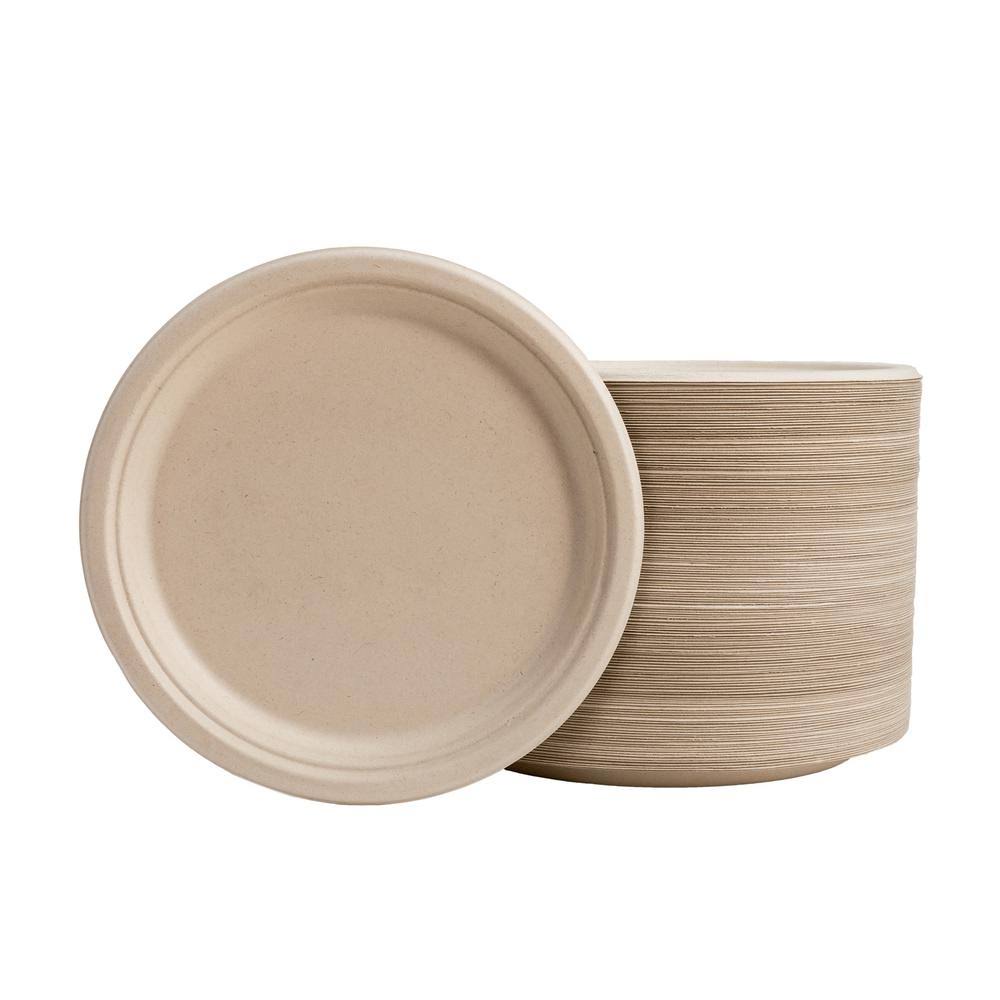 Oak Plus 10 inch Natural Compostable u0026 Disposable Sugarcane Plates, 300 Pack