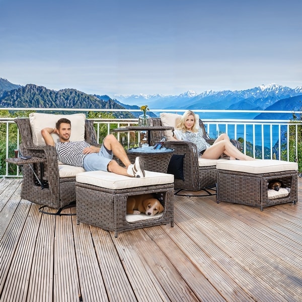 Rattan Wicker Patio Swivel Rocking Chairs Set of 2 with Ottomans for Backyard,Porch,Balcony,5 Pieces Outdoor Patio Set